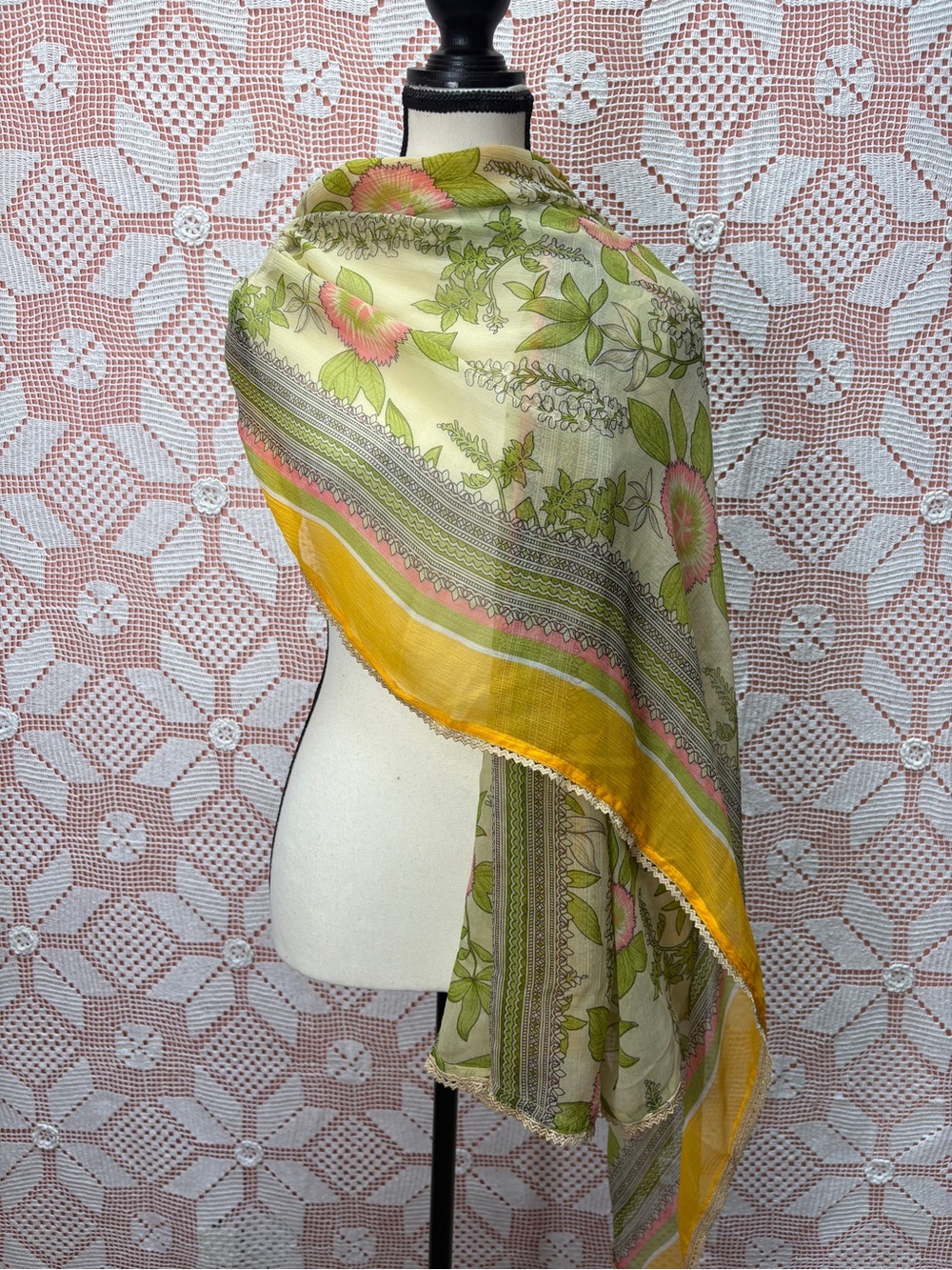 Vintage Floral Sheer Shawl Wrap Scarf with Lace Trim